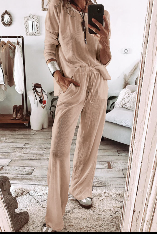 Textured Long Sleeve T Shirt and Pants Lounge Se