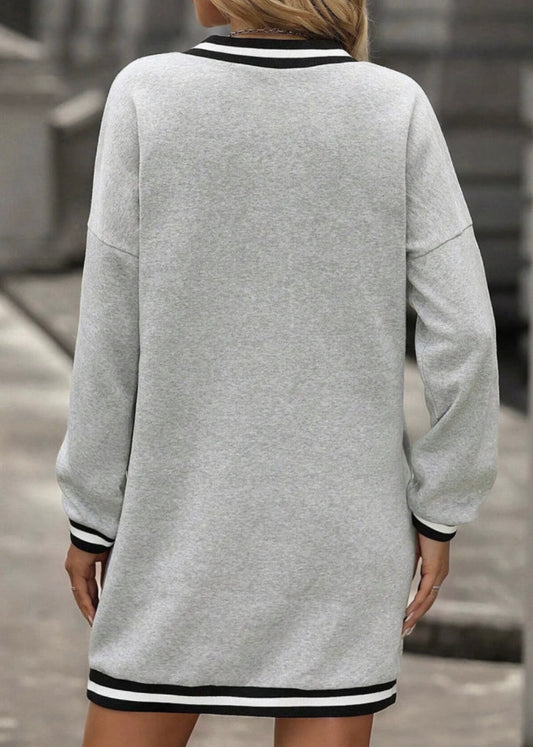 Gray striped v-neck shirt dress