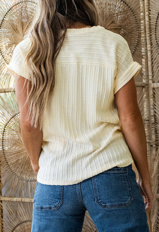 Beige Textured S/S V Neck Top