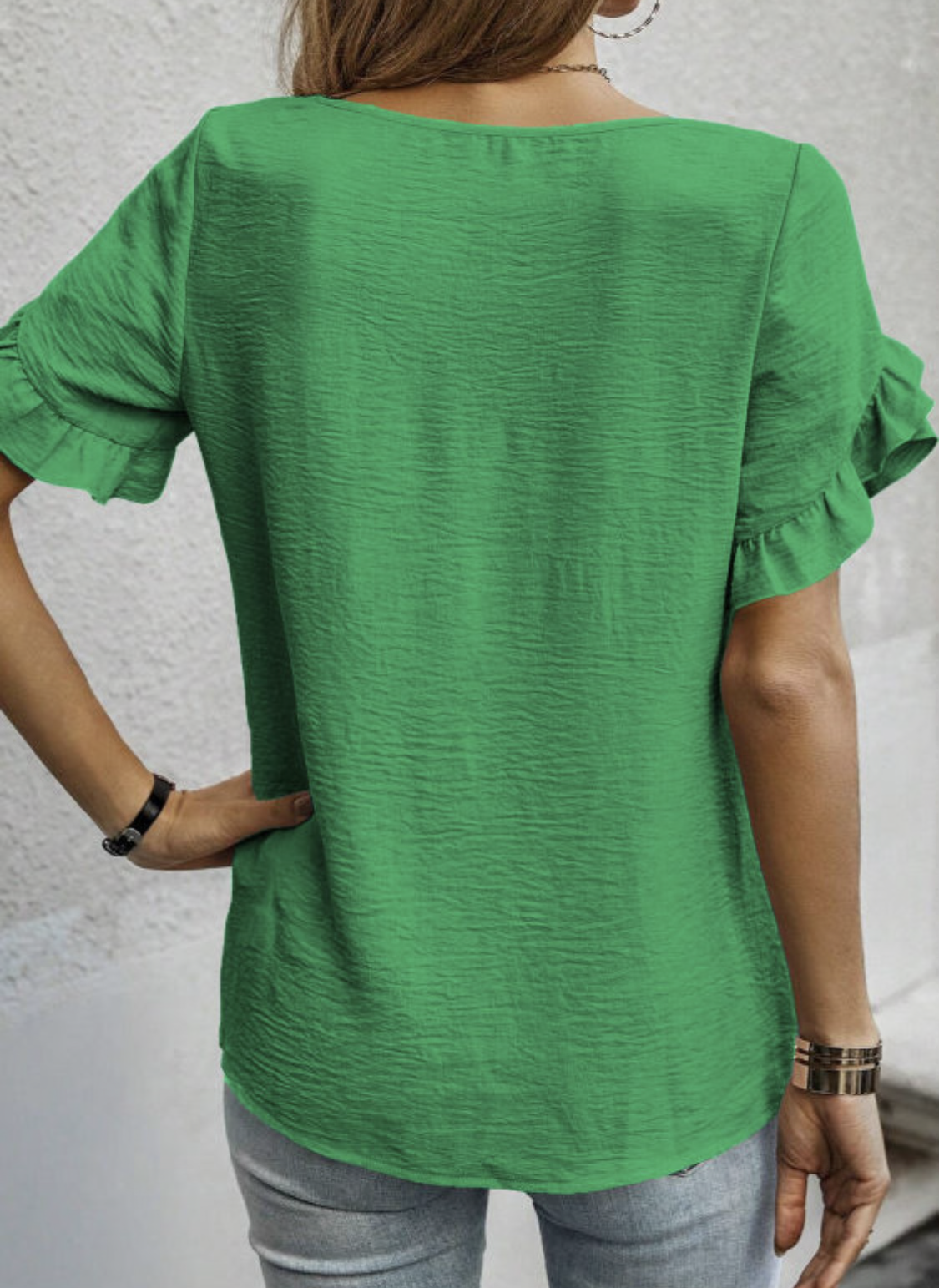 Green Ruffle Trim Blouse