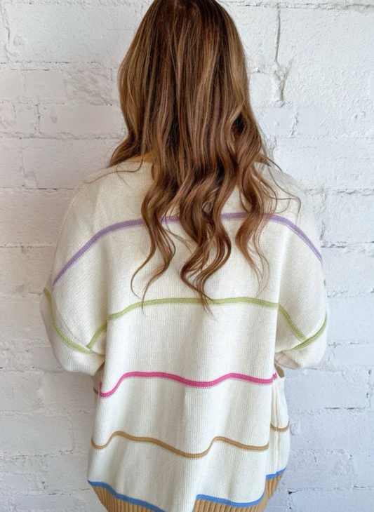 White Color Block Striped Open Front Cardigan With Pocket