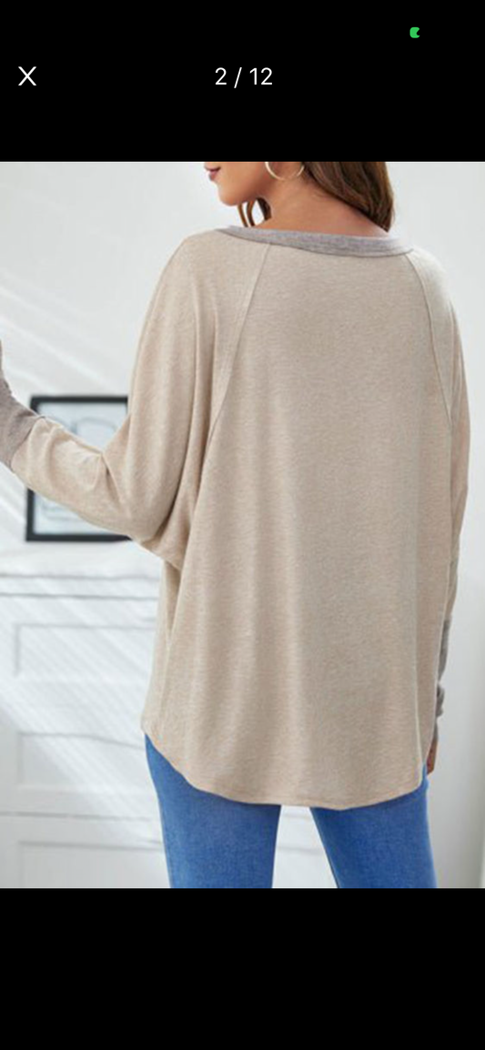 Khaki Contrast Cuffs Batwing Sleeve Loose Top