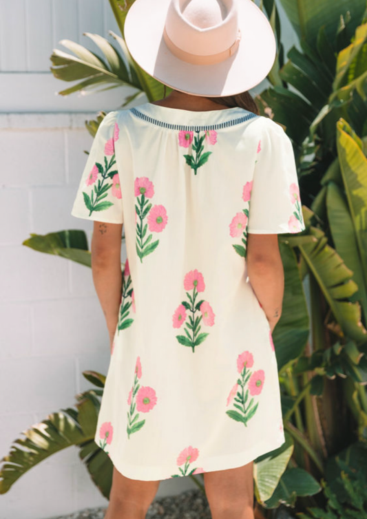 Floral Short Sleeve Split Neck Loose Mini Dress