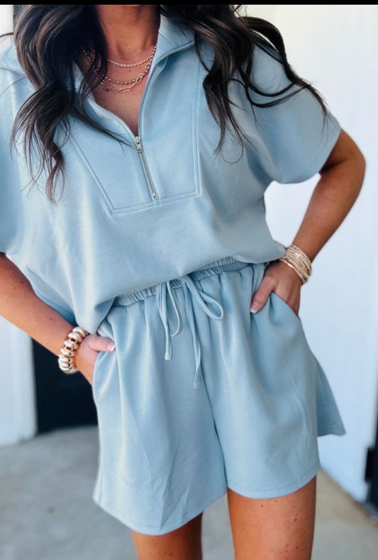 Blue Half Zip Loose Short Sleeve 2pcs Set