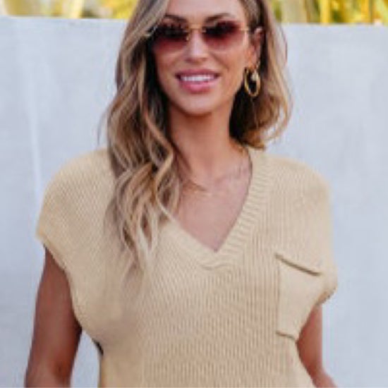 Apricot Chest Pocket V Neck Ribbed Cap Sleeve Sweater