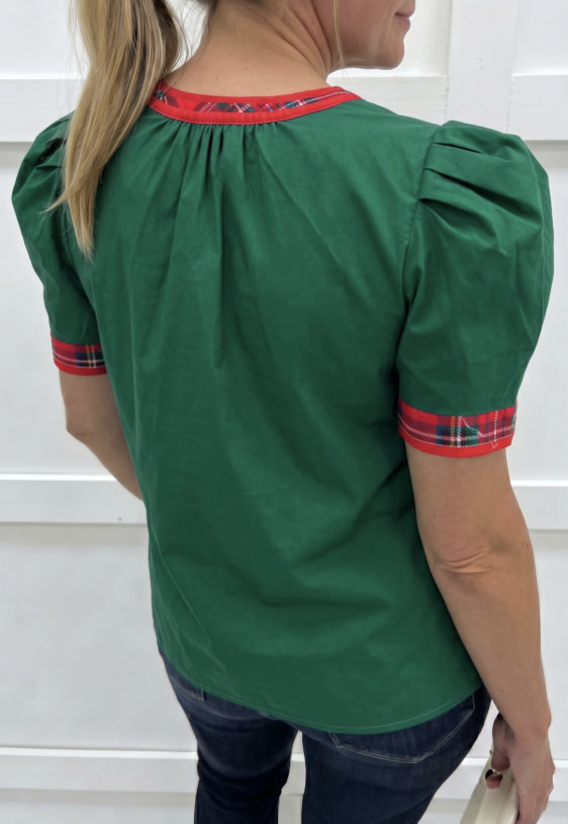 Evergreen Plaid Trim Blouse (Preorder)