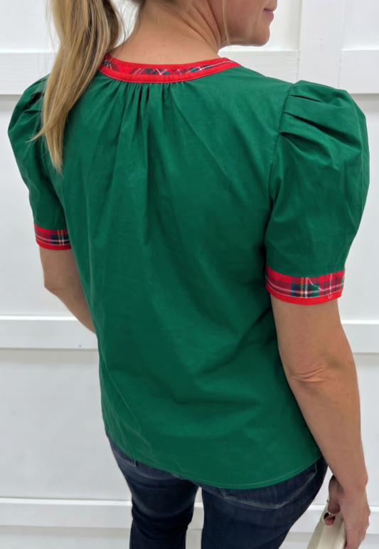 Evergreen Plaid Trim Blouse
