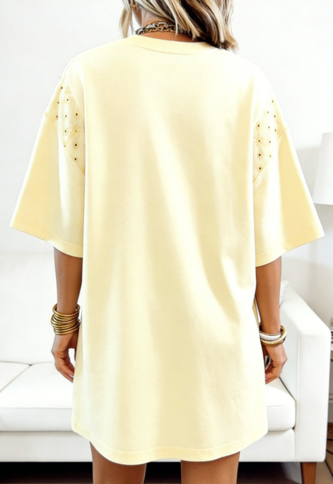 Yellow Cream Eyelet Embroidered Lace  Loose T Shirt Dress