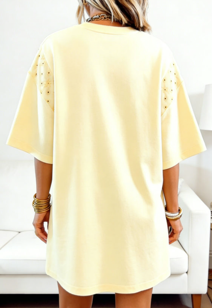 Yellow Cream Eyelet Embroidered Lace  Loose T Shirt Dress