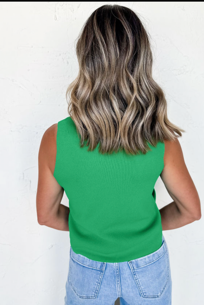 Green Side Button Round Neck Knit Sleeveless Sweater