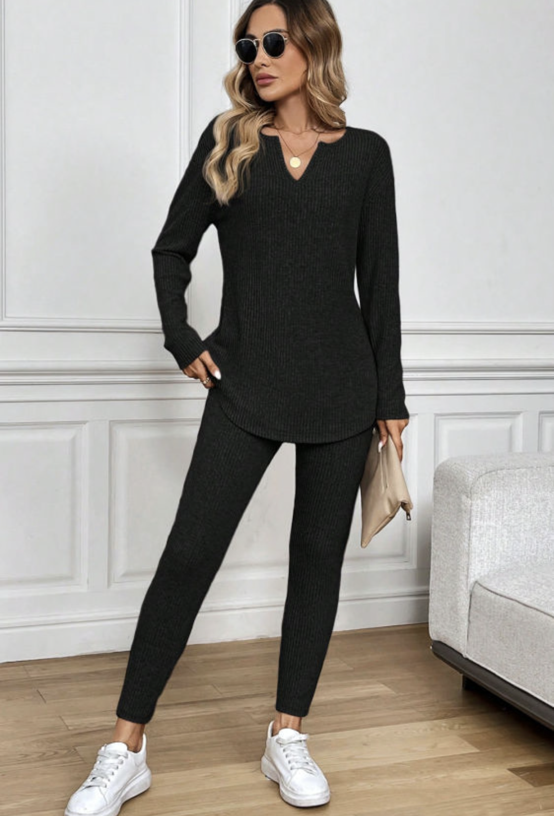 Black ribbed long sleeve leggings set