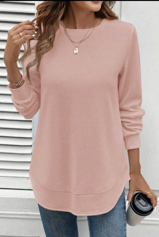Pink Rounded Hem Waffle Long Sleeve Top