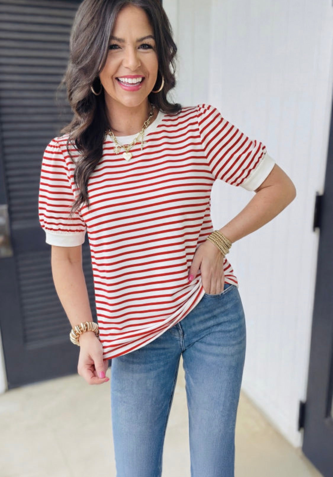 Red Stripe Round Neck Short Sleeve Top