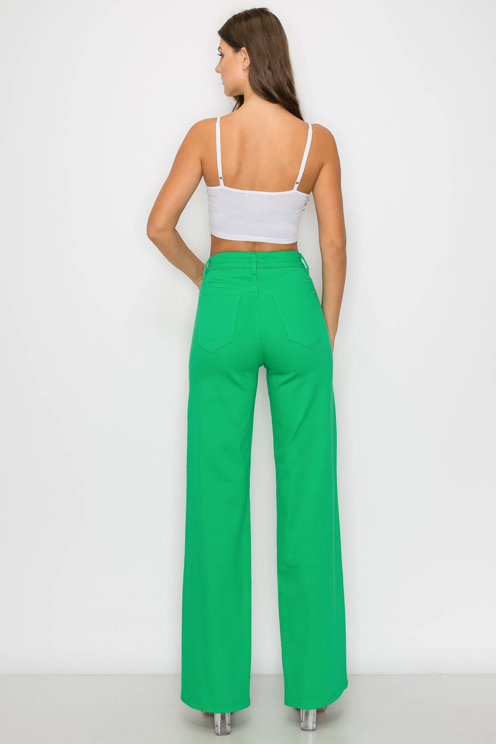 GREEN HIGH WAISTED STRETCHY COLORED WIDE LEGS JEANS