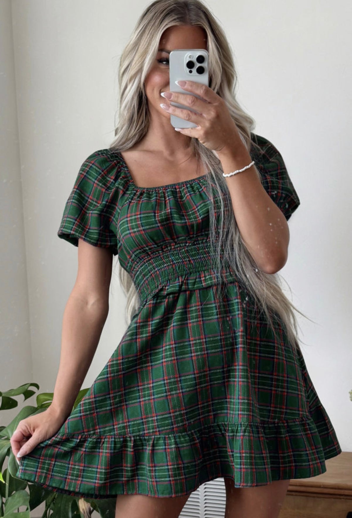 Green Plaid Mini Dress