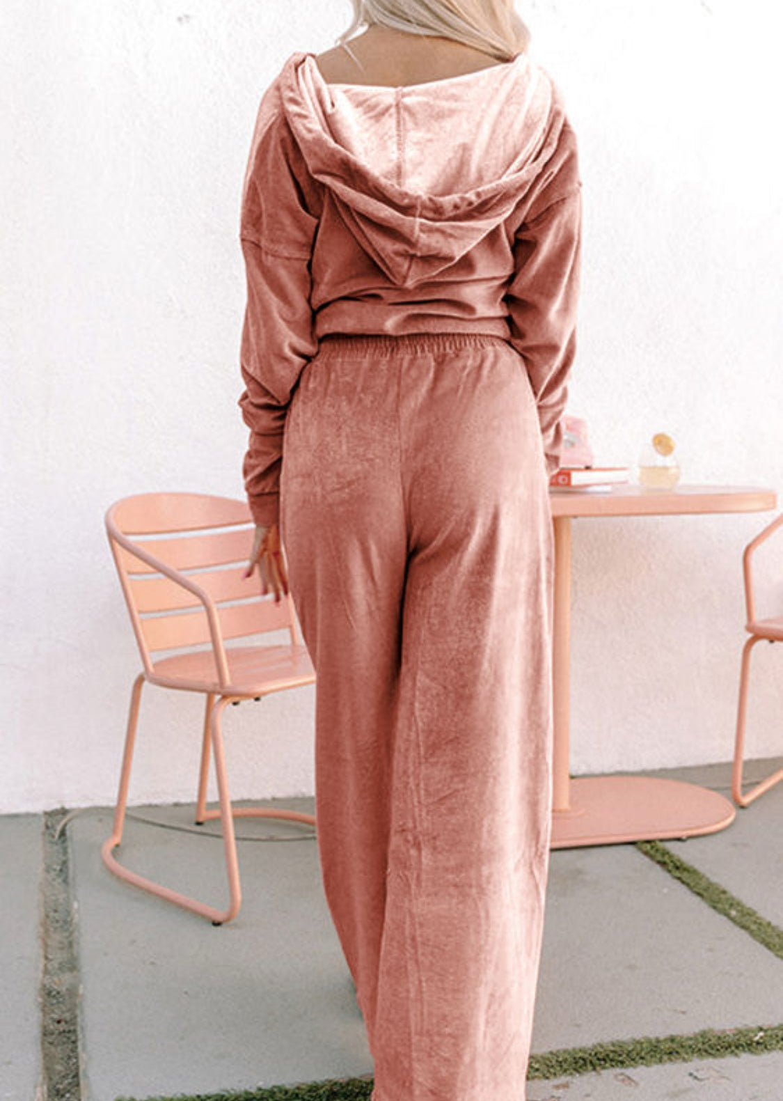 Velvet Zip-up Hoodie and Wide Leg Pants Set