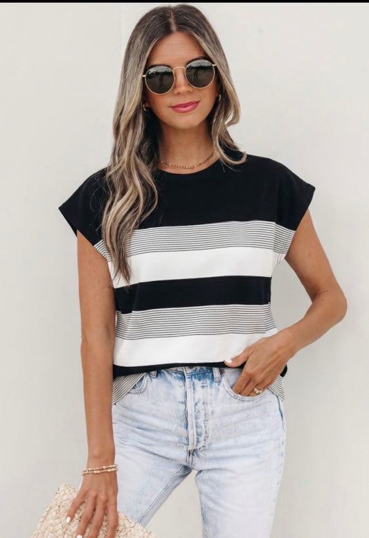 Black Stripe Crew Neck Cap Top