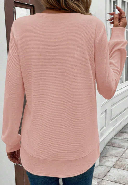 Pink Rounded Hem Waffle Long Sleeve Top