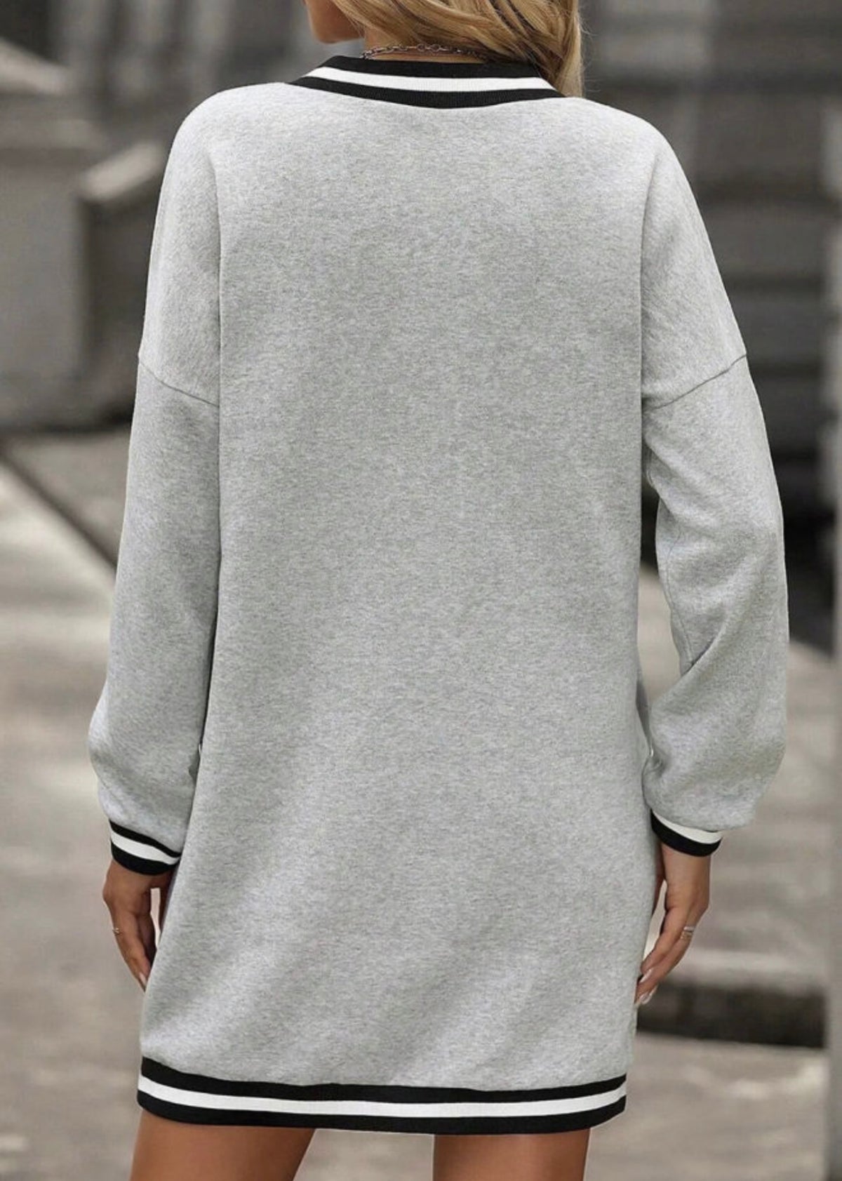Gray striped v-neck shirt dress
