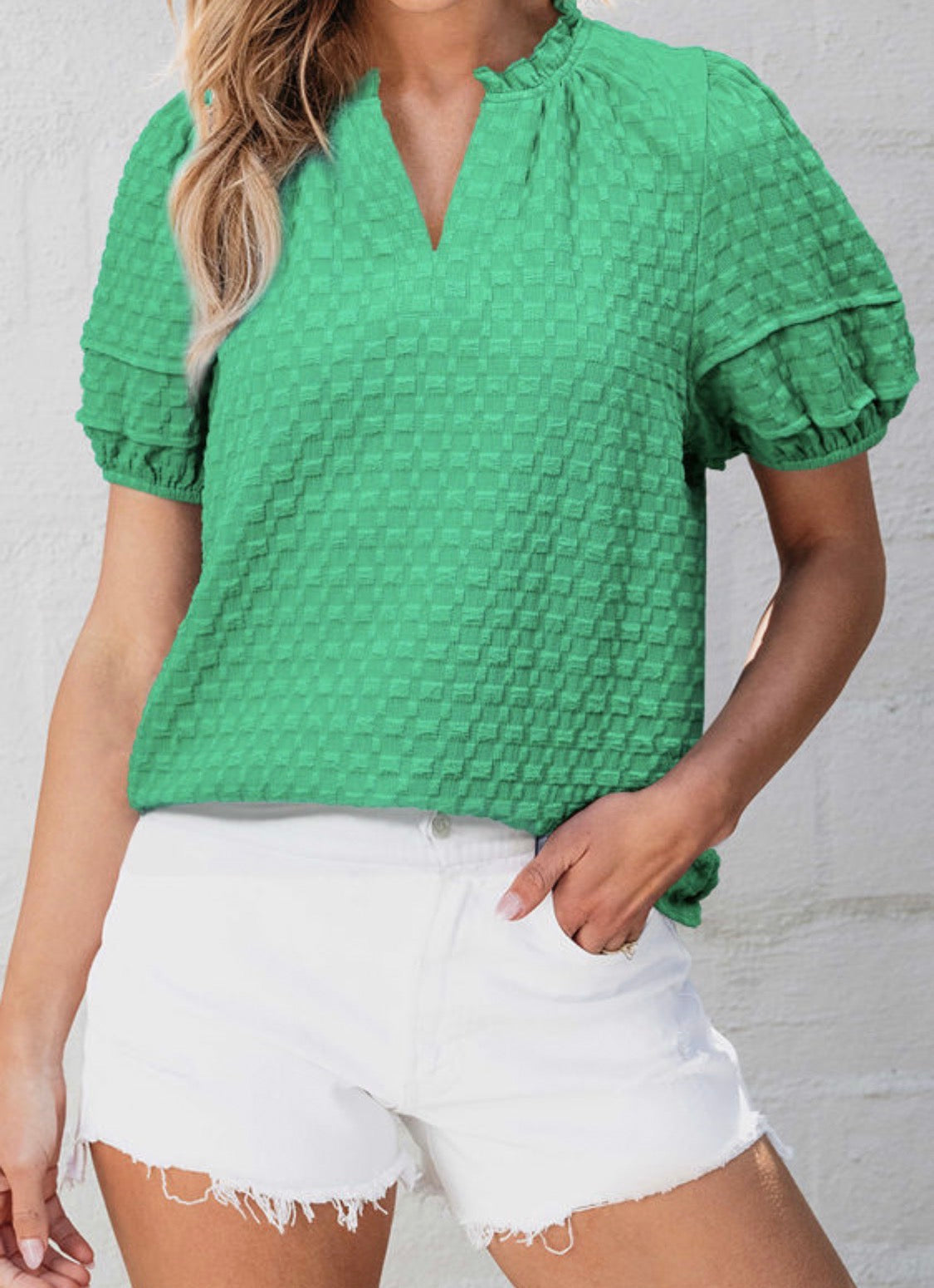 Bright Green Textured Puff Short Sleeve Notched V Neck Top