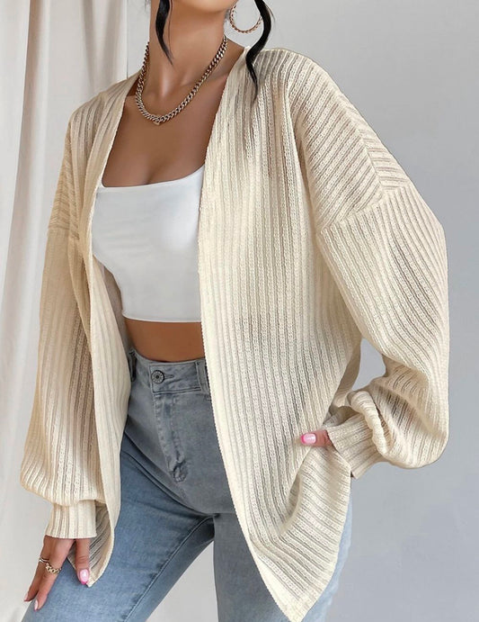 Beige Textured Sleeve Open Kimono