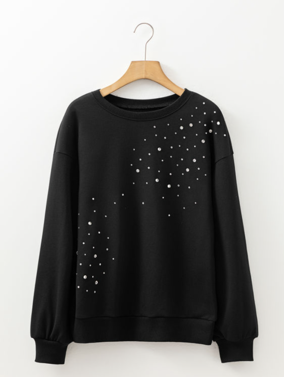 Black Rhinestone Embellished Drop Shoulder Ribbed Cuffs Sweatshirt