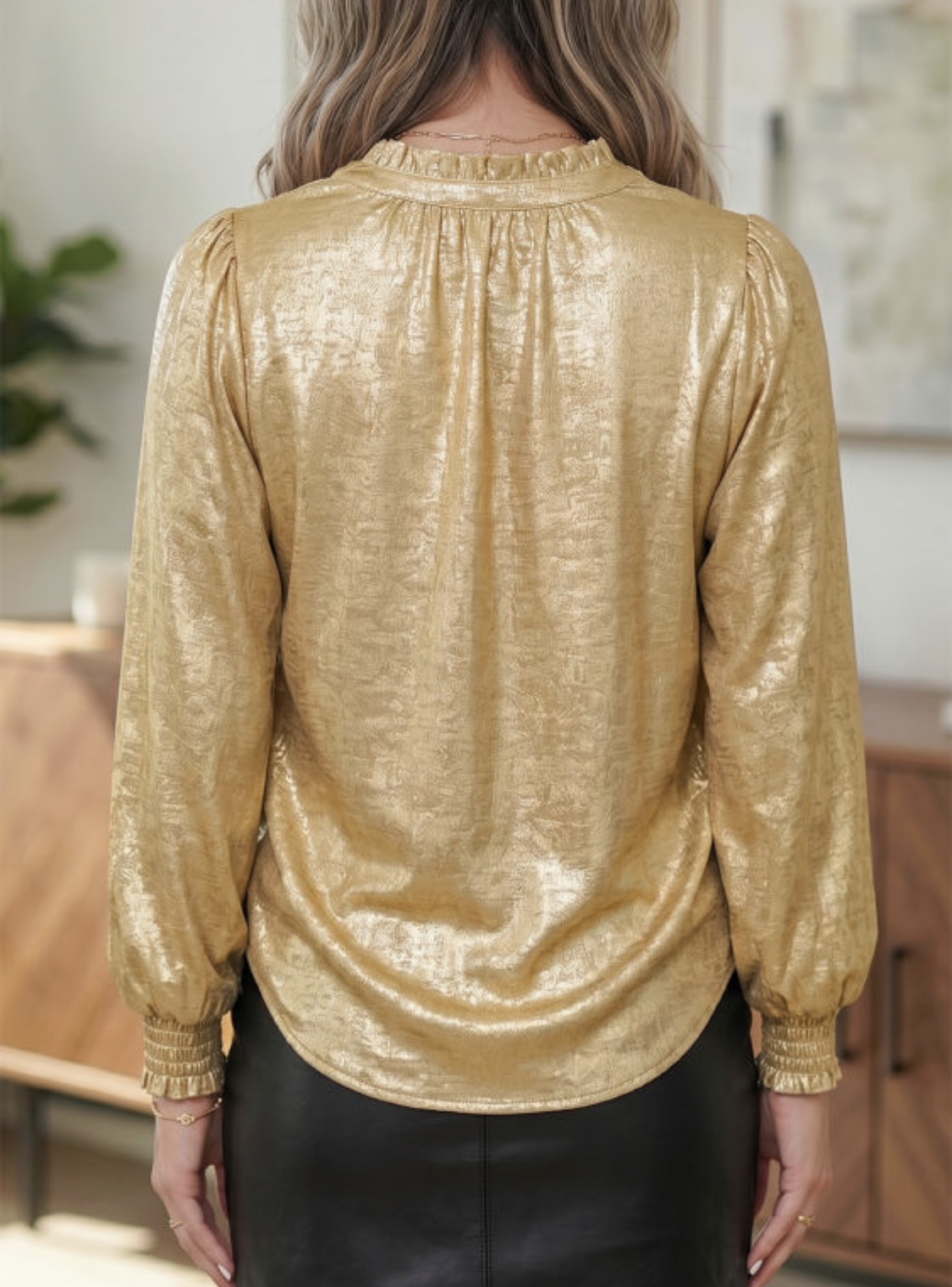 Gold Metallic Long Sleeve Blouse (Preorder)