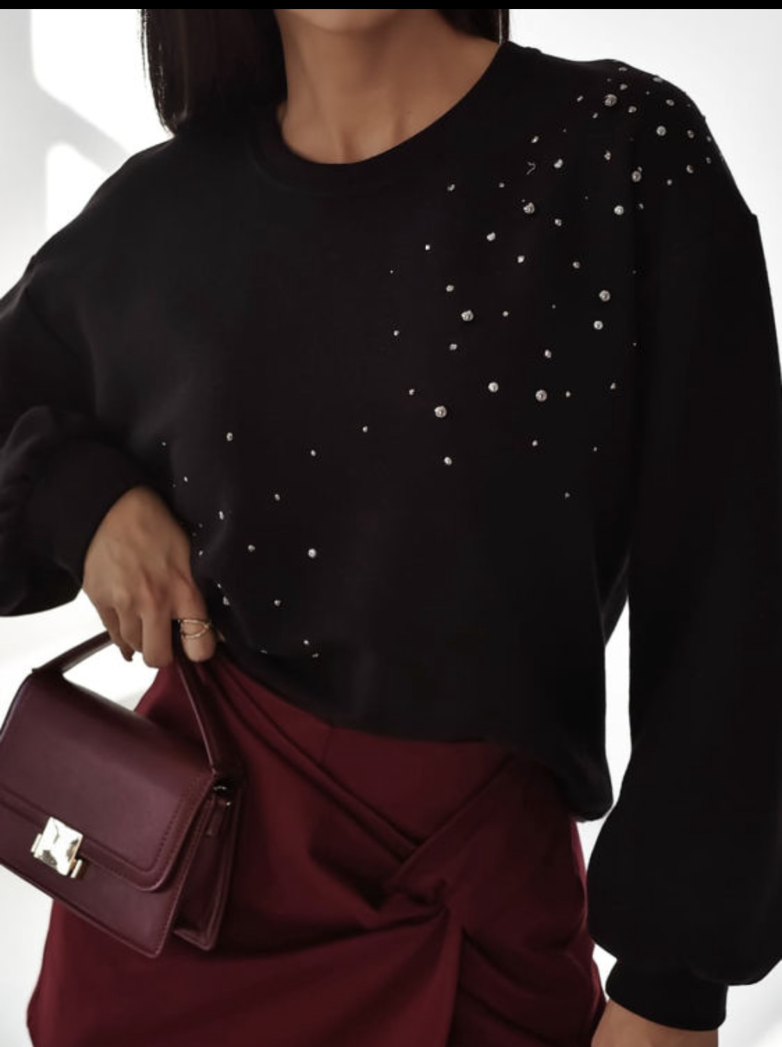 Black Rhinestone Embellished Drop Shoulder Ribbed Cuffs Sweatshirt