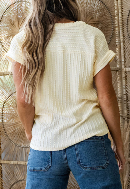 Beige Textured S/S V Neck Top