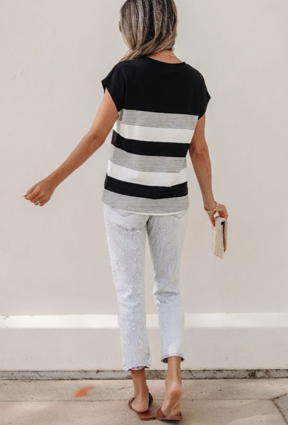 Black Stripe Crew Neck Cap Top (Preorder)