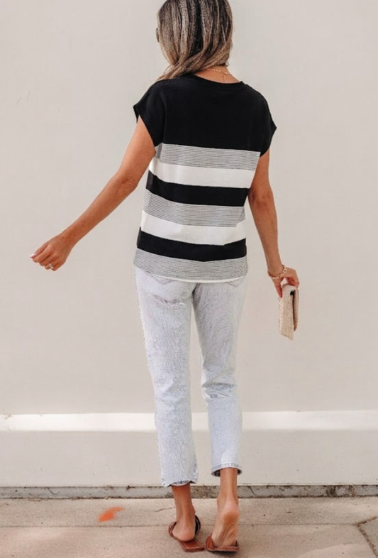 Black Stripe Crew Neck Cap Top