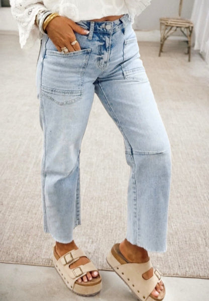 Beau Blue Frayed Cropped Straight Jeans