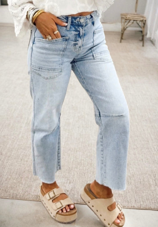 Beau Blue Frayed Cropped Straight Jeans