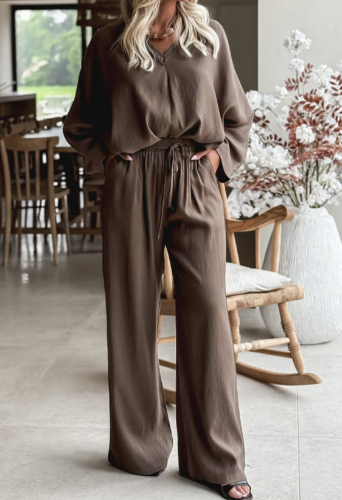 Dark brown braided Vneck loose set