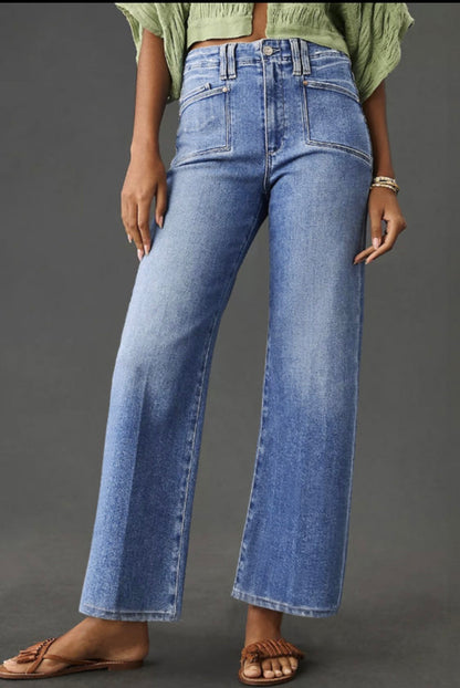 Dusk Blue Loose Straight Leg Cropped High Waist Jeans