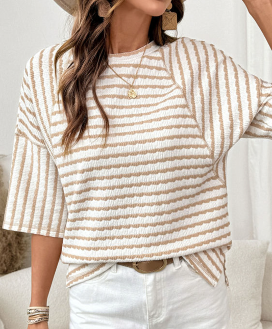 Khaki short sleeve textured top