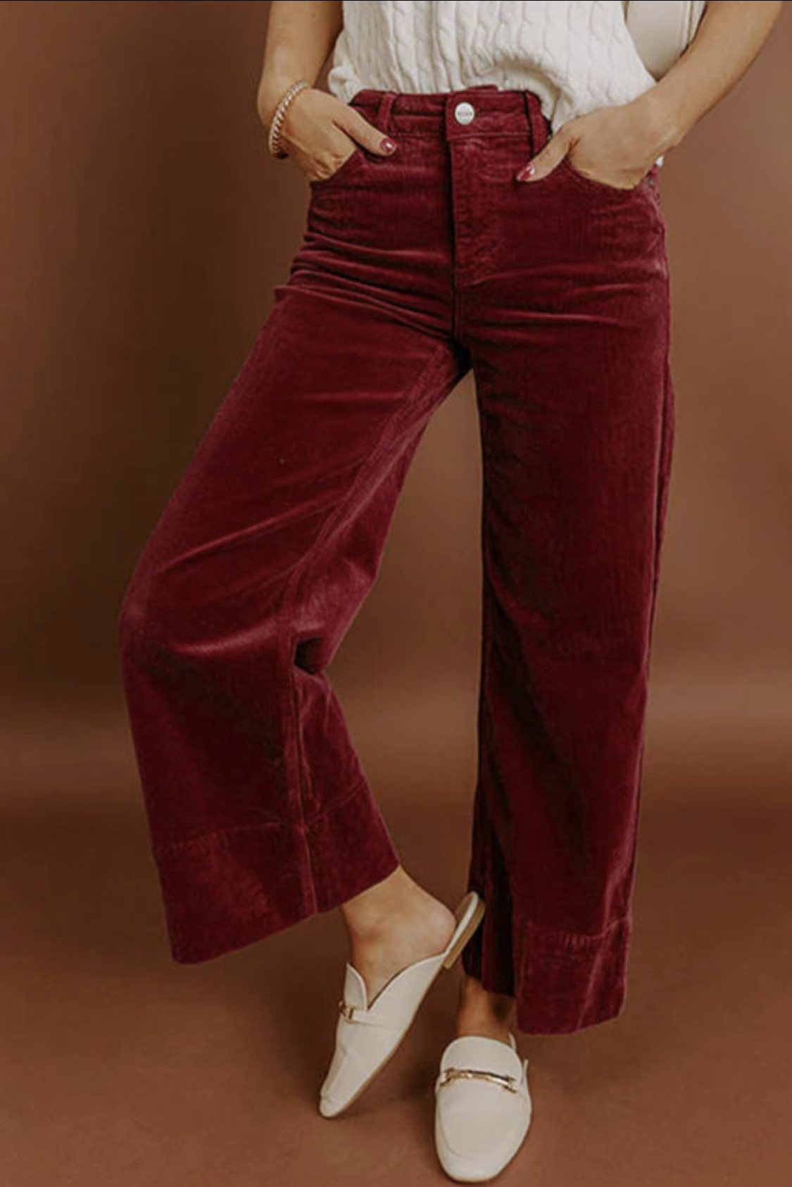 Burgundy Corduroy Solid Color High Waist Wide Leg Pants