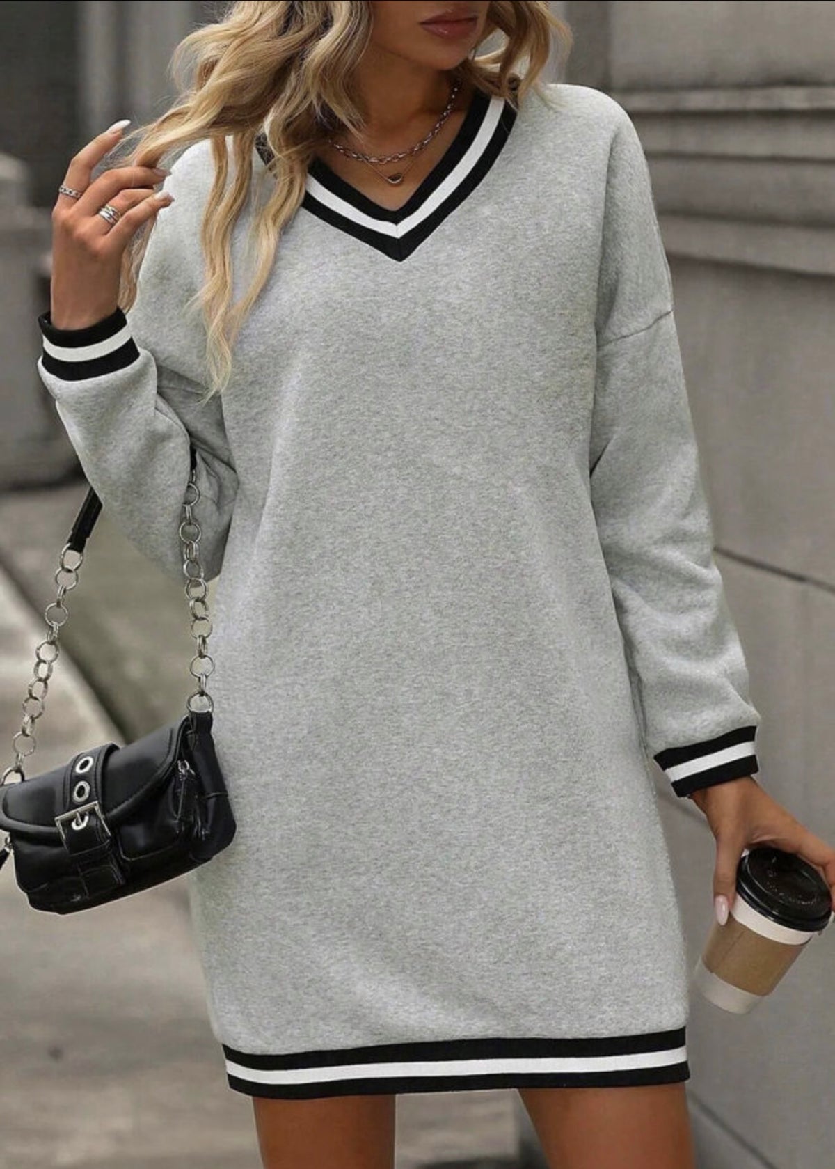 Gray striped v-neck shirt dress