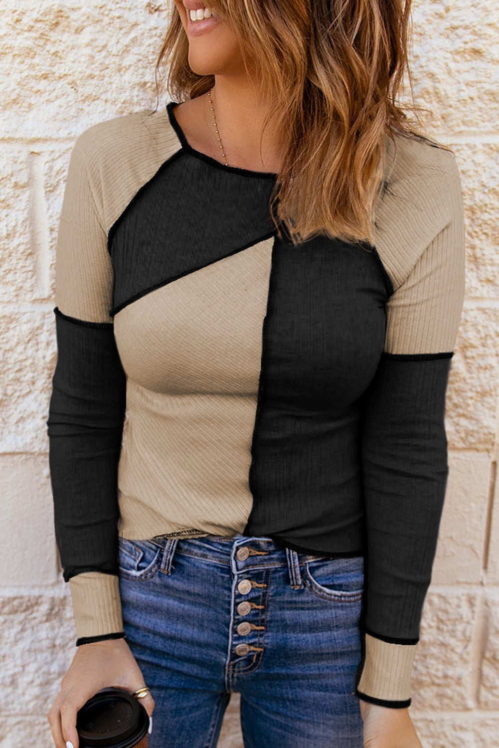 Black Color Block Seaming Trim Rib Knit Top