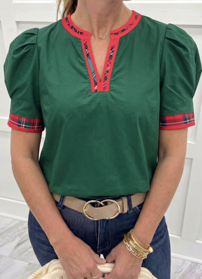 Evergreen Plaid Trim Blouse (Preorder)