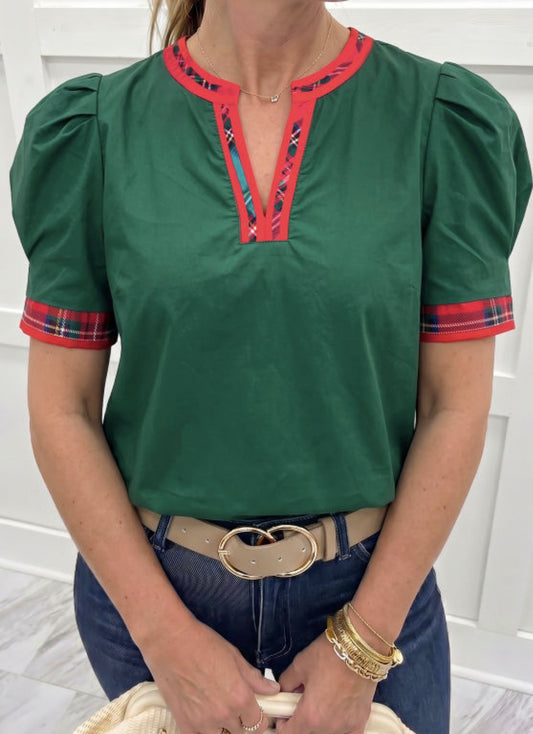 Evergreen Plaid Trim Blouse