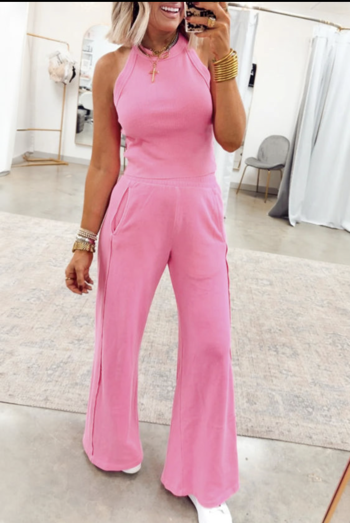 Pink Slim Ribbed Tank Top and Sweatpants Set