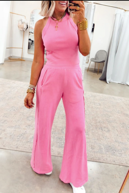 Pink Slim Ribbed Tank Top and Sweatpants Set