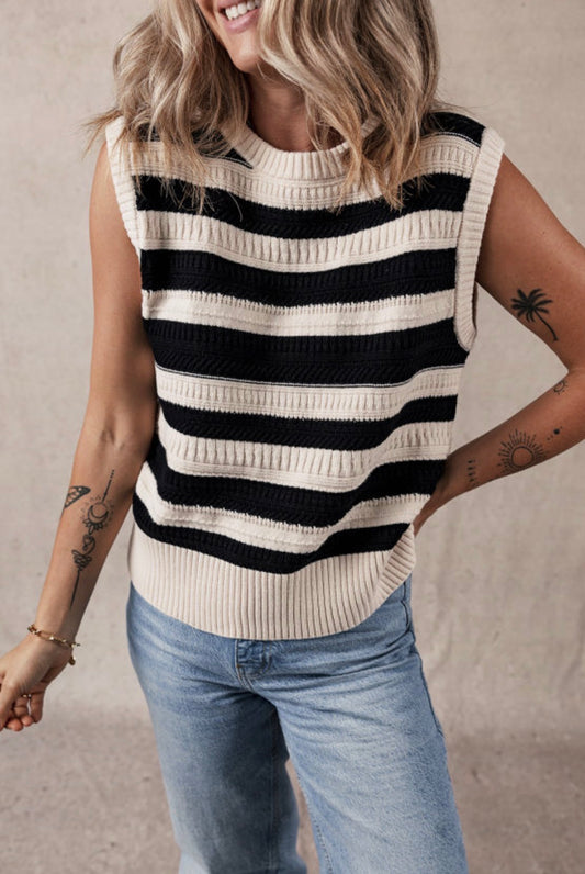 Black and Cream Stripe Knit Top