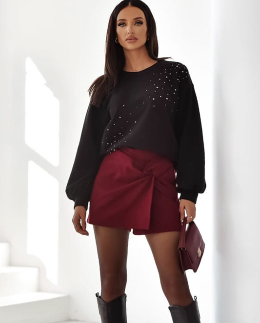 Black Rhinestone Embellished Drop Shoulder Ribbed Cuffs Sweatshirt
