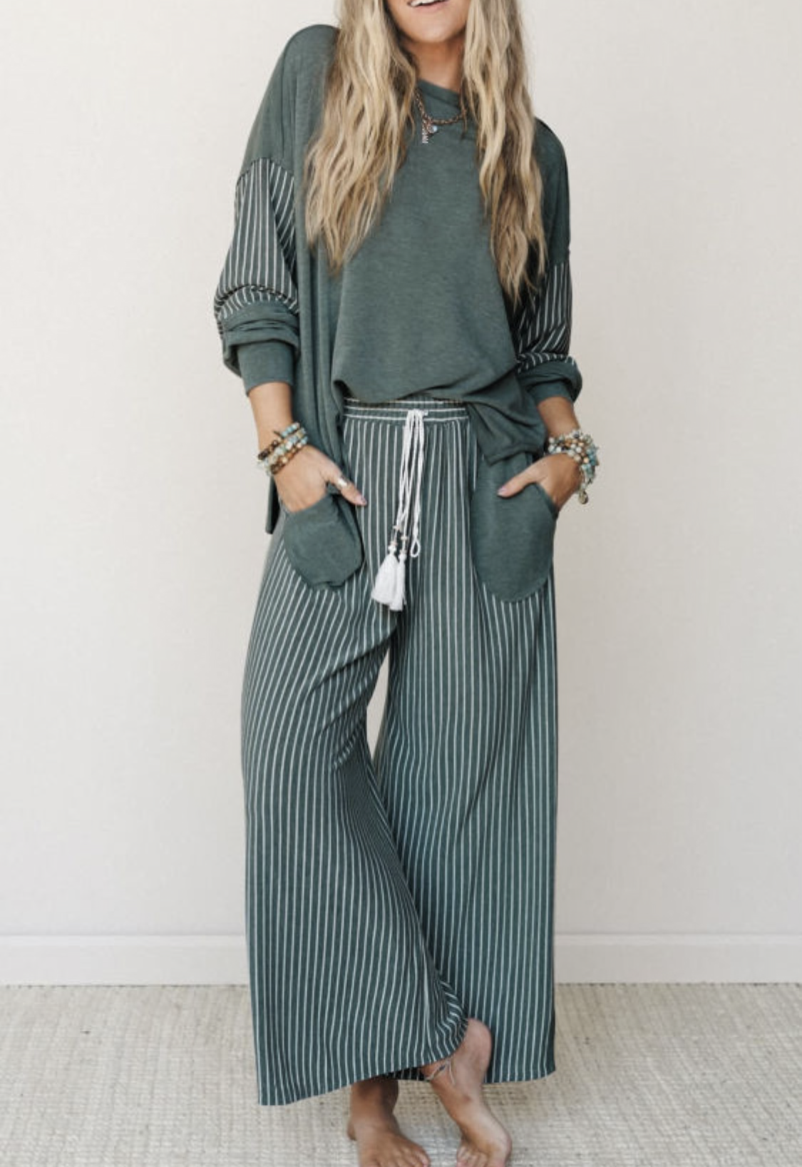 Green Patchwork Casual Pants Set