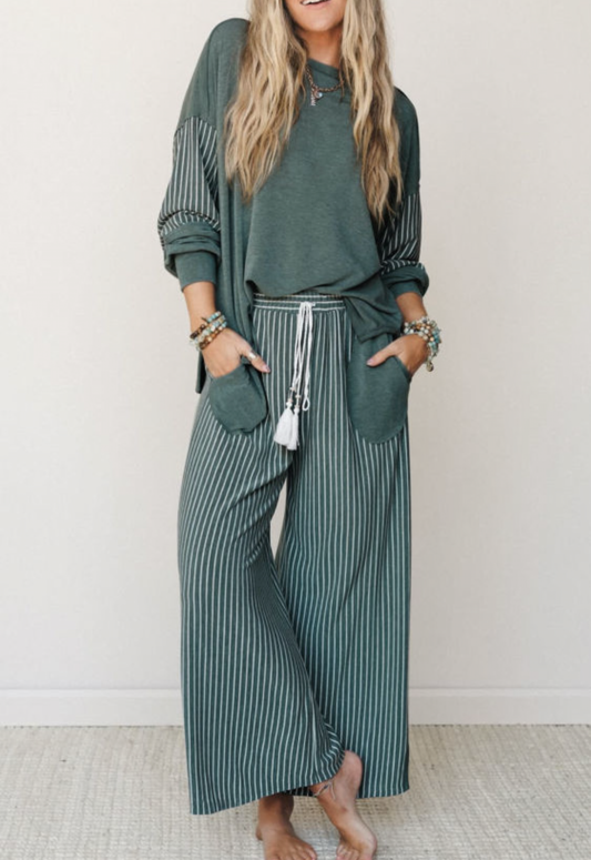 Green Patchwork Casual Pants Set