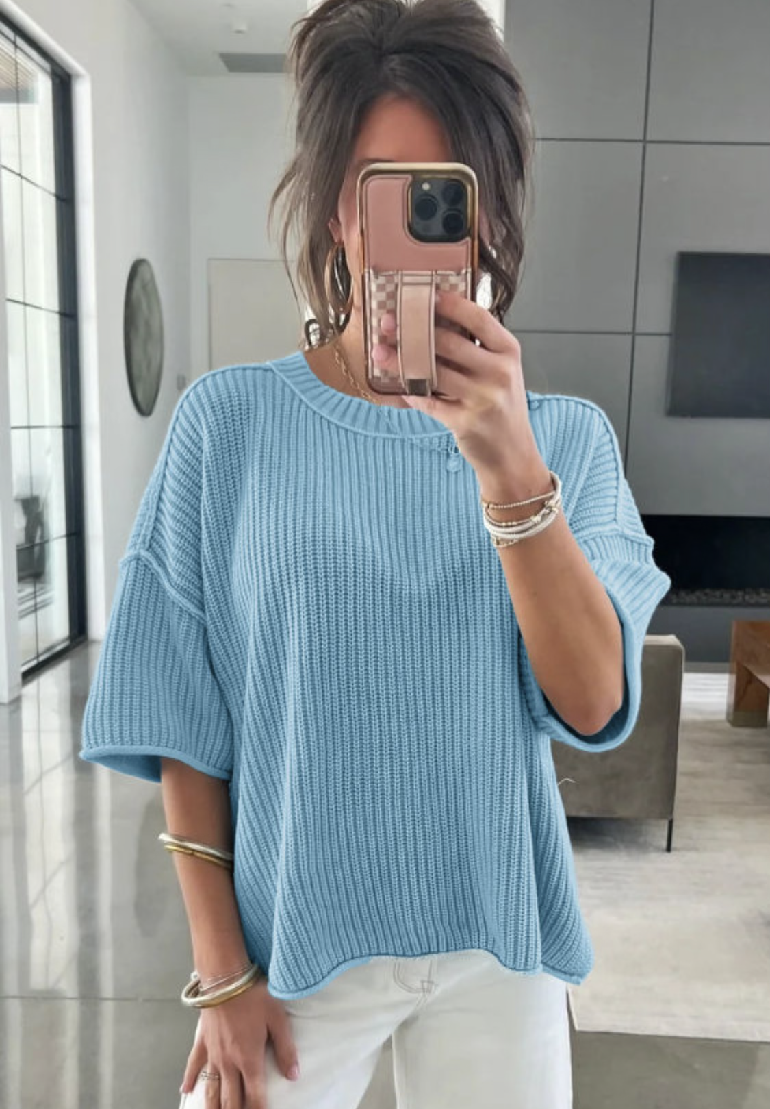 Mist Blue Exposed Seam Detail Half Sleeve Loose Sweater