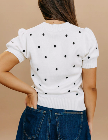 White Polka Dot Bubble Sleeve Top