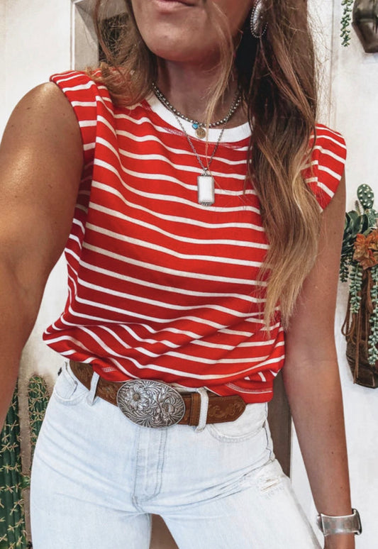 Red Stripe Ribbed Round Top